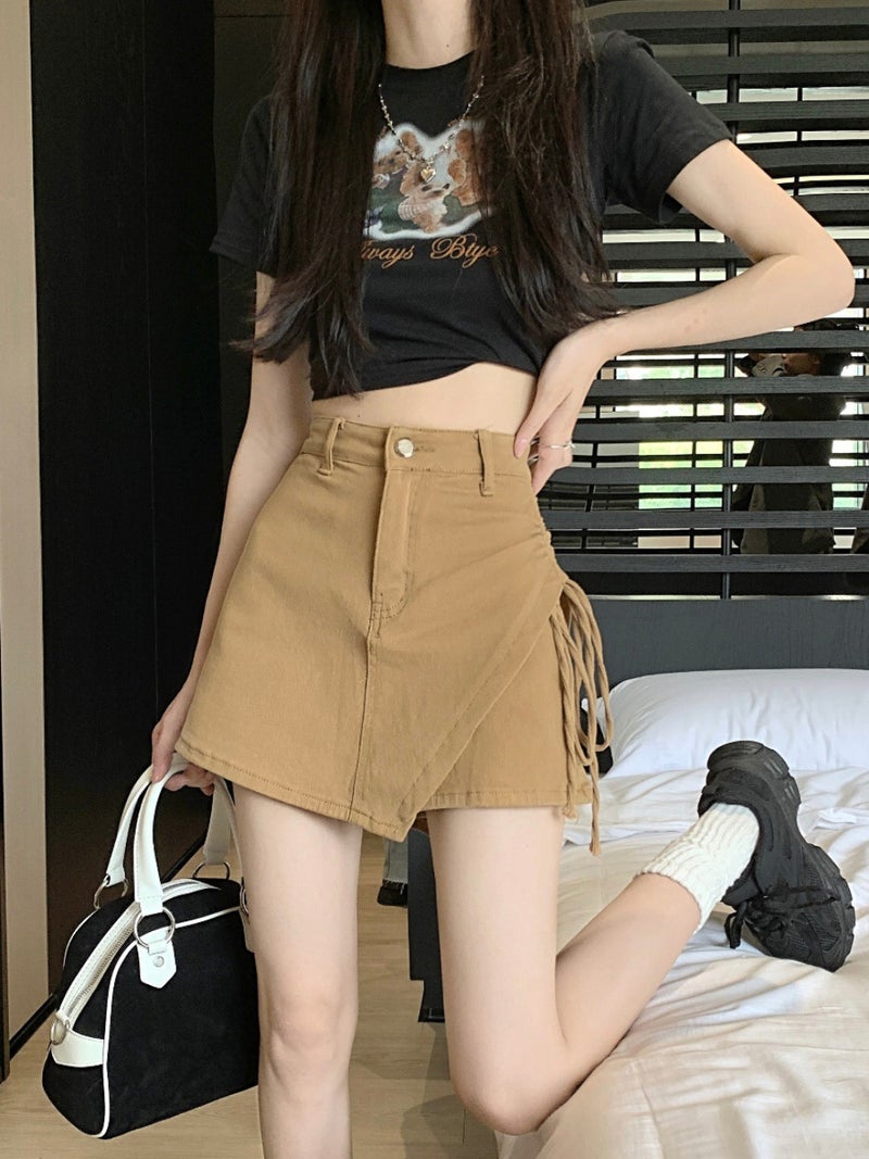 Irregular Denim Skirt Womens Summer Khaki High Waist Slimming Design Sense Drawstring Bag Hip Trendy Short Pants Skirt Black - Image 2