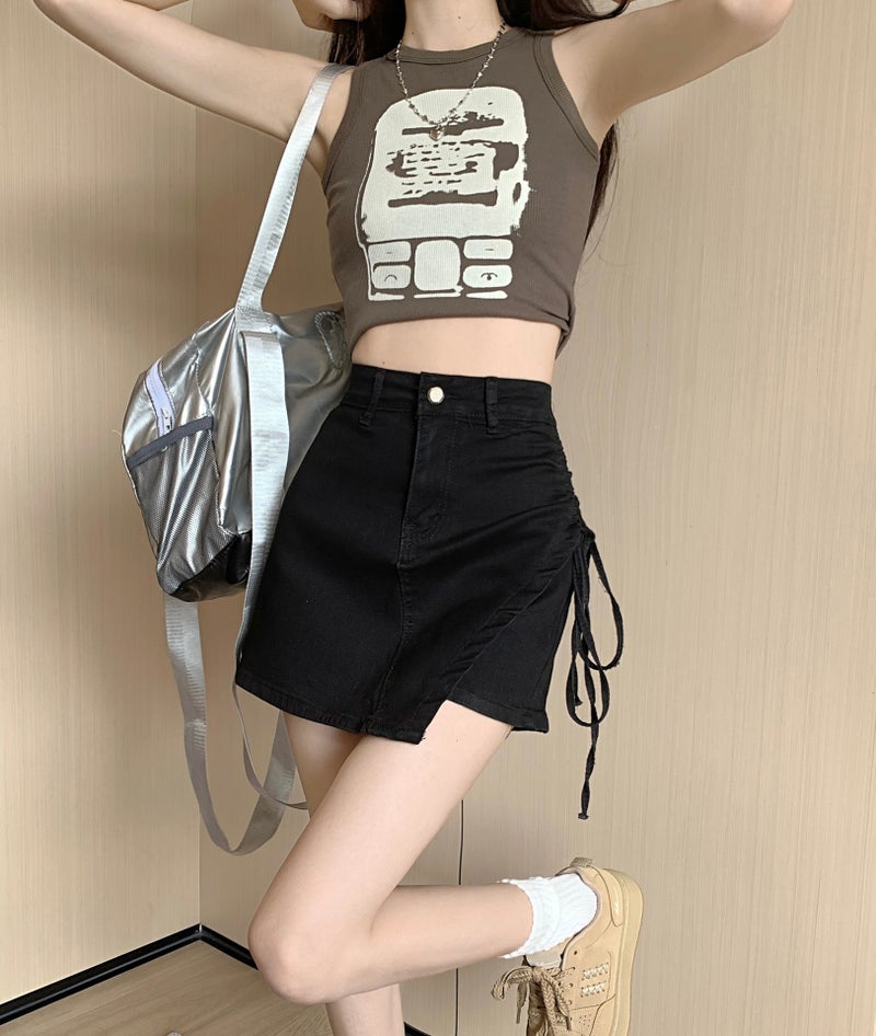 Irregular Denim Skirt Womens Summer Khaki High Waist Slimming Design Sense Drawstring Bag Hip Trendy Short Pants Skirt Black - Image 1