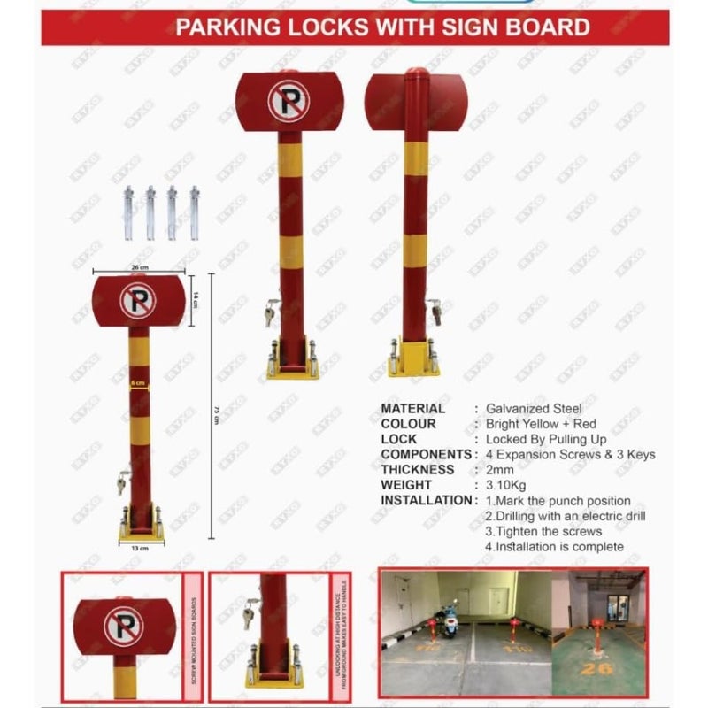Heavy Duty Manual Parking Lock with No Parking Sign Auto-Lock Pull-Up Design75×26 cm Red Parking Barrier with 4 Expansion Screws and Keys Car Parking Blocker for Home, Office and Commercial Use - Image 3