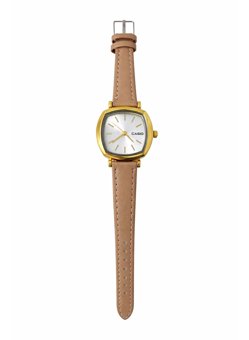 Casio Women’s Gold Tone Watch with Brown Leather Strap and Silver Dial – Elegant Analog Wristwatch