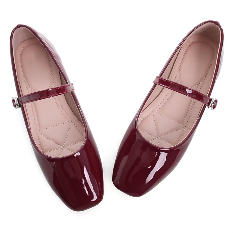 LUXINYU Women's Patent Leather Mary Jane Flats Classic Square Toe Ballet Flat Shoes with Buckle Strap Comfortable Work Flats,Red 8.5 - Image 1