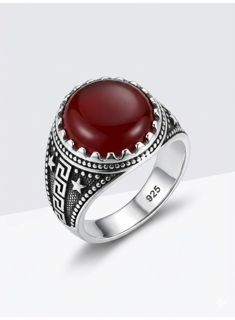 FINE SILVER 925 Sterling Silver Men's Vintage Signet Ring with Round Red Cabochon Stone and Star Accents - Image 1