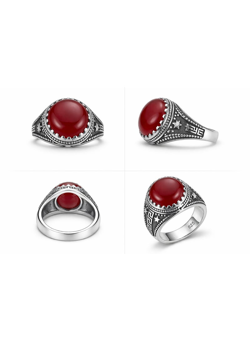FINE SILVER 925 Sterling Silver Men's Vintage Signet Ring with Round Red Cabochon Stone and Star Accents - Image 2