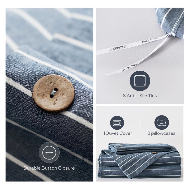 JELLYMONI Cotton Duvet Cover King Size - Blue Pinstriped Comforter Cover with Button 100% Washed Cotton 3PCS Breathable Soft Solid Bedding Set Duvet Cover 104Ã—90in & 2 Pillowcases (NO Comforter) - Image 3