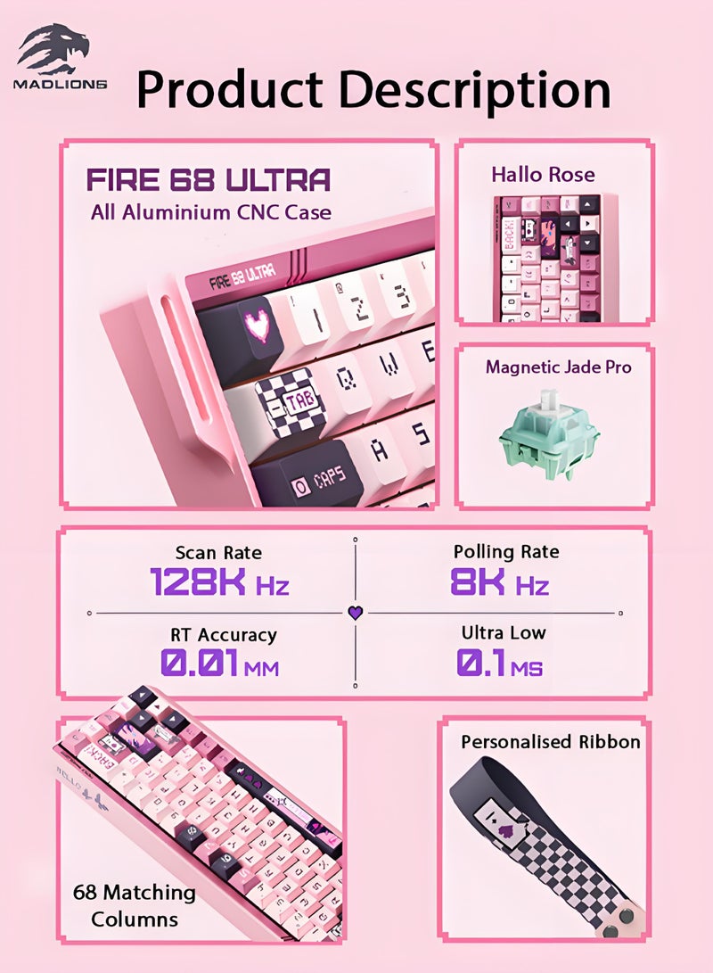 مادليونس Fire68 لوحة مفاتيح الألعاب Ultra RGB 8KHz 0.1ms الزناد السريع منخفض التأخير RT قابل للتبديل الساخن مع سائق قابل للتعديل ، مفتاح مغناطيسي تأثير هول FPS الزناد السريع لوحة المفاتيح الميكانيكية للألعاب الطبعة المحدودة هالو روز (Magnetic Jade Axis Pro) - Image 3