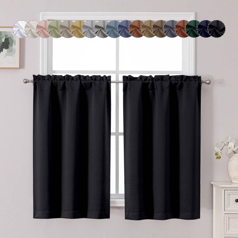 Chyhomenyc Short Black Out Curtains 45 Inch Length, Small Blackout Curtain Rod Pocket Half Window Curtains for Kitchen Basement Cabinet Camper RV Bunk, 2 PCS, Each 30" Wx45 L, Black - Image 1
