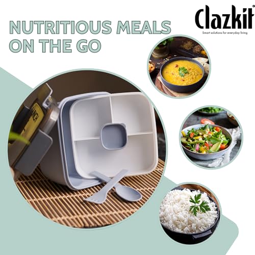 Clazkit Plastic Salad Lunch Box Container with Cutlery and Sauce Container with 5 Compartment Bento Style Tray Lunch Box for Food Snack Salad Home Office 1400Ml-Grey - Image 4