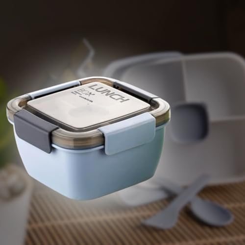 Clazkit Plastic Salad Lunch Box Container with Cutlery and Sauce Container with 5 Compartment Bento Style Tray Lunch Box for Food Snack Salad Home Office 1400Ml-Grey - Image 1