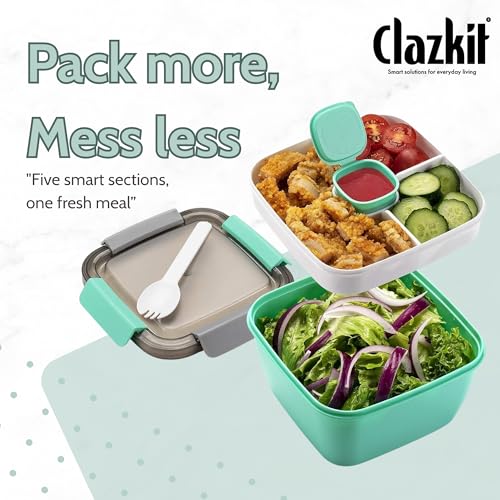 Clazkit Plastic Salad Lunch Box Container with Cutlery and Sauce Container with 5 Compartment Bento Style Tray Lunch Box for Food Snack Salad Home Office 1400Ml-Grey - Image 2