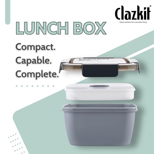 Clazkit Plastic Salad Lunch Box Container with Cutlery and Sauce Container with 5 Compartment Bento Style Tray Lunch Box for Food Snack Salad Home Office 1400Ml-Grey - Image 3