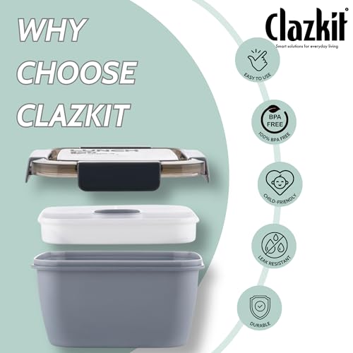 Clazkit Plastic Salad Lunch Box Container with Cutlery and Sauce Container with 5 Compartment Bento Style Tray Lunch Box for Food Snack Salad Home Office 1400Ml-Grey - Image 5