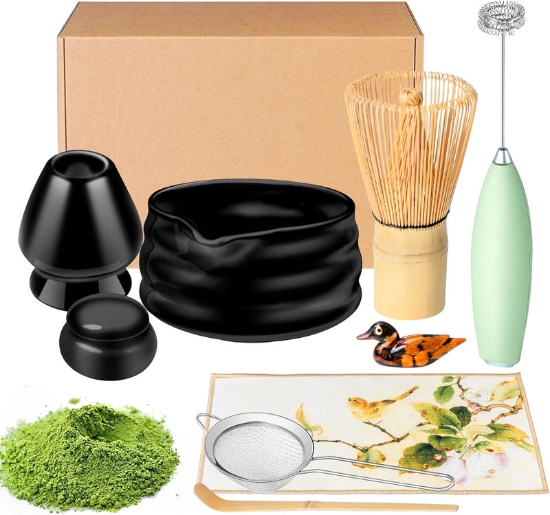 ELIMTEC Matcha Whisk Set and Bowl, Matcha Making Kit Whisk, Bowl With Spout, Sifter, Ceramic Whisk Holder, Spoon Japanese Tea Powder Starter Tools For Ceremony Gift (Black, 9 Pack) - Image 1