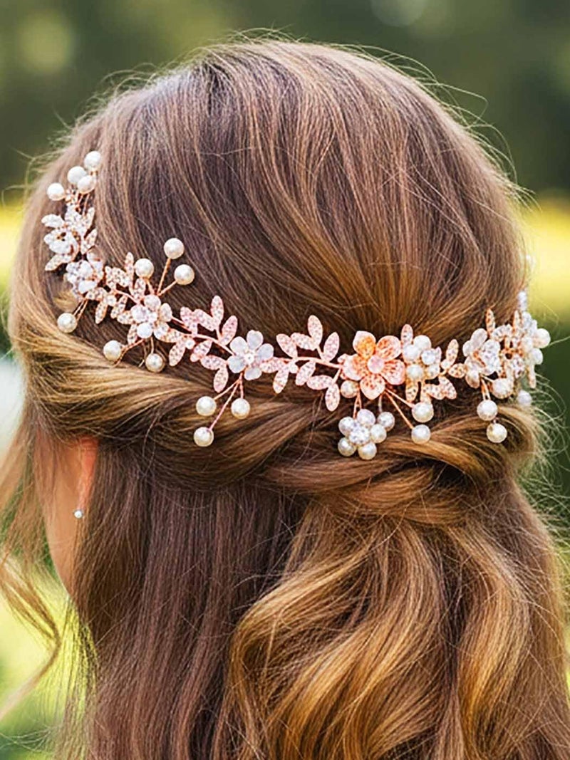 IYOU Crystal Bridal Hair Vines Leaf Rose Gold Wedding Headband Pearl Flower Bride Bridesmaid Hair Accessories for Women