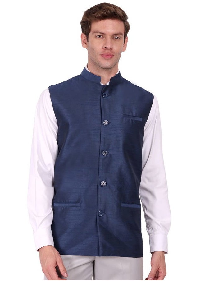 SKAVIJ Men's Business Suit Vest Casual Nehru Jacket Dress Vest Slim Fit Formal Waistcoat (Medium, Blue)  - Image 1