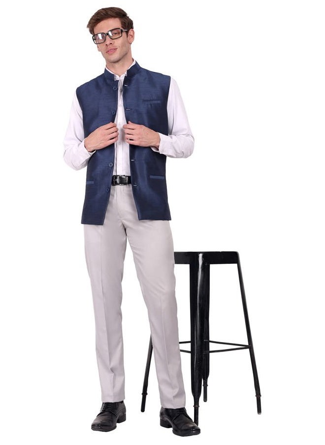 SKAVIJ - Men's Business Suit Vest Casual Nehru Jacket Dress Vest Slim Fit Formal Waistcoat (Medium, Blue) - Image 1