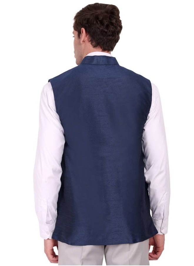 SKAVIJ Men's Business Suit Vest Casual Nehru Jacket Dress Vest Slim Fit Formal Waistcoat (Medium, Blue)  - Image 2