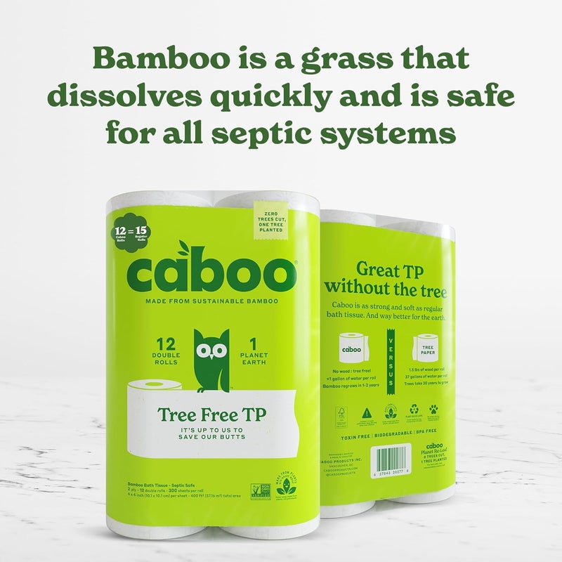 CABOO Tree Free Toilet Paper, Tree Free, Septic, Chemical Free Bath Tissue - 2 Ply Sheets, 300 Sheets Per Roll, 12 Double Rolls - Image 5