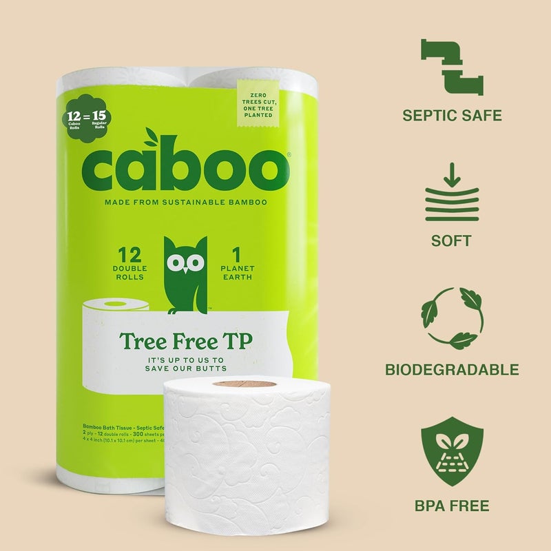 CABOO Tree Free Toilet Paper, Tree Free, Septic, Chemical Free Bath Tissue - 2 Ply Sheets, 300 Sheets Per Roll, 12 Double Rolls - Image 2