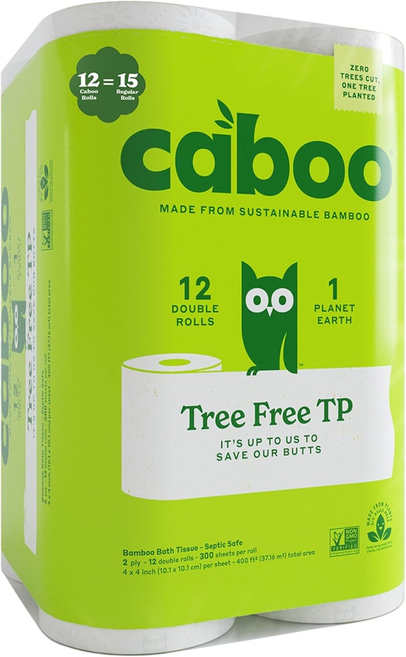 CABOO Tree Free Toilet Paper, Tree Free, Septic, Chemical Free Bath Tissue - 2 Ply Sheets, 300 Sheets Per Roll, 12 Double Rolls - Image 1