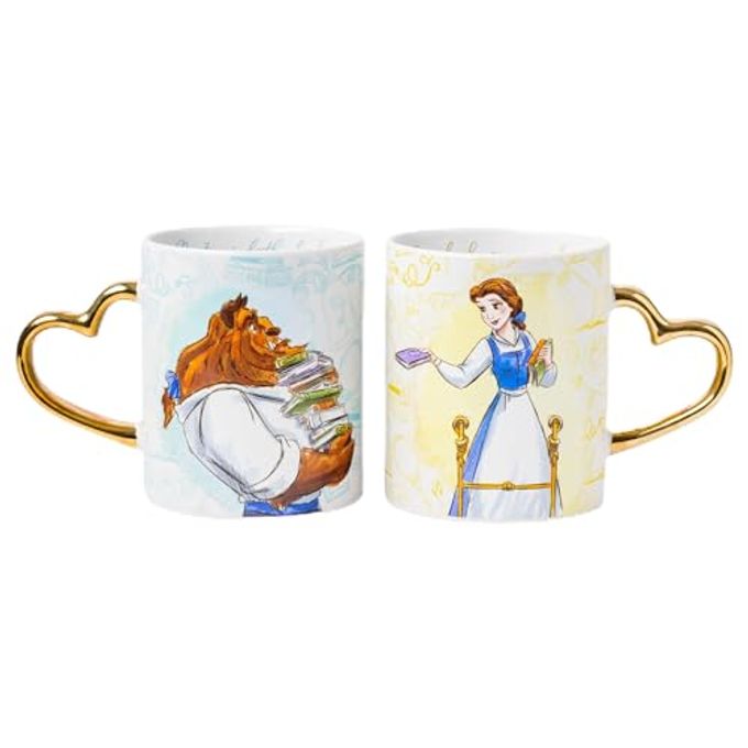 Silver Buffalo Disney Princess Beauty and the Beast Don't Mind the Books Gold Heart Shaped Handle 2 Pack Ceramic Mug Set, 14 Ounces