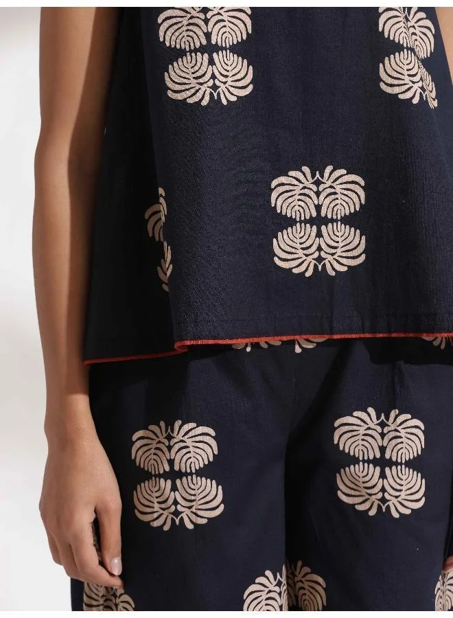 trueBrowns trueBrowns Black Cotton Print Top & Flared Pants Co-ord Set