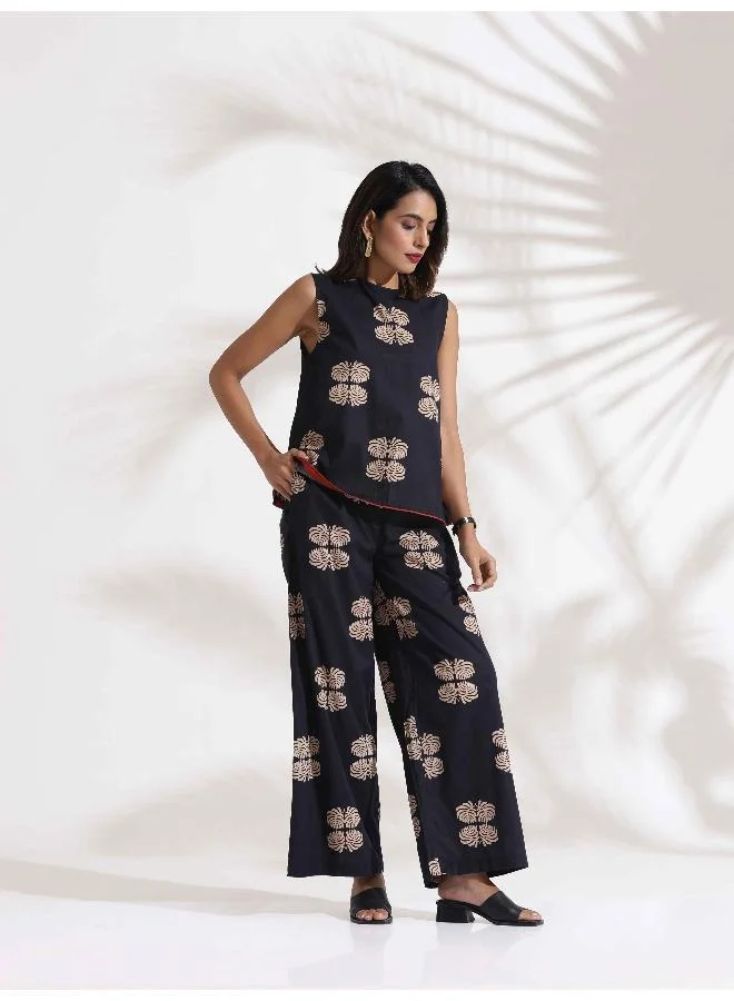trueBrowns trueBrowns Black Cotton Print Top & Flared Pants Co-ord Set