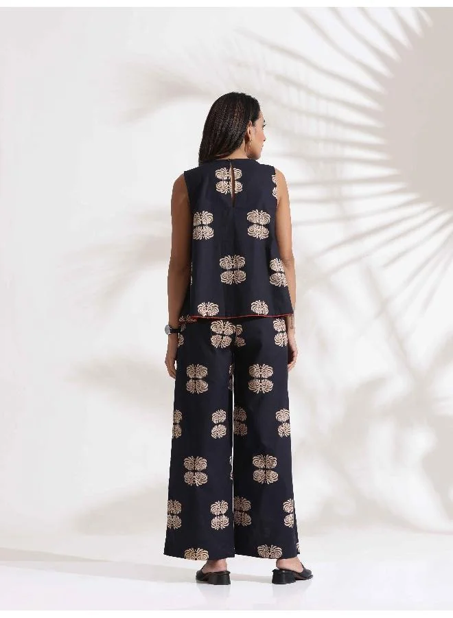 trueBrowns trueBrowns Black Cotton Print Top & Flared Pants Co-ord Set