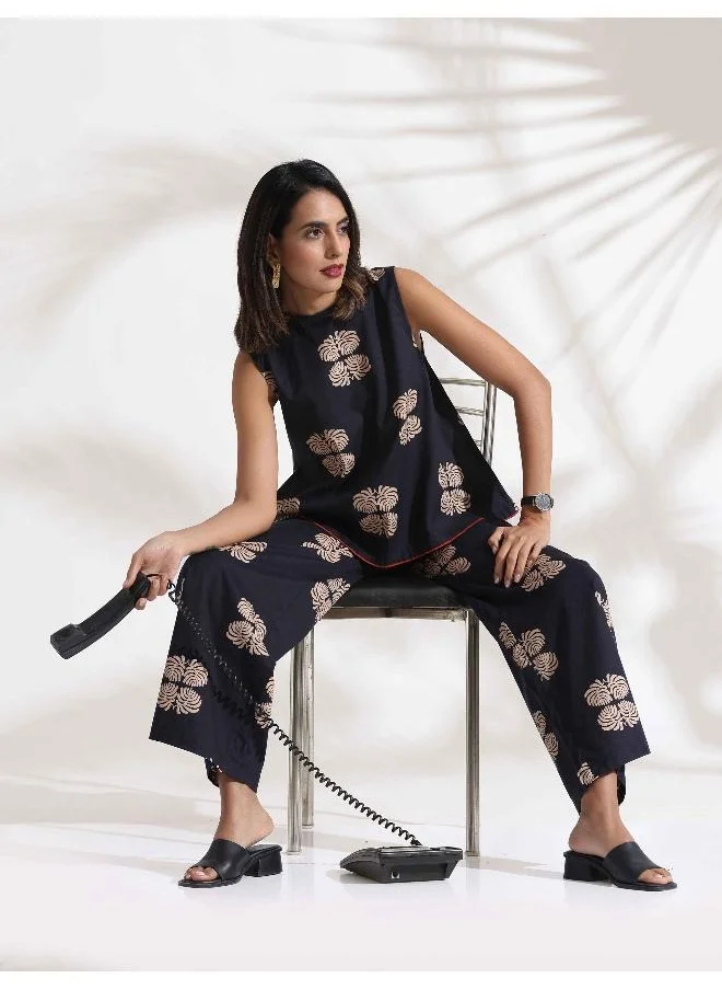 ترو برونز trueBrowns Black Cotton Print Top & Flared Pants Co-ord Set