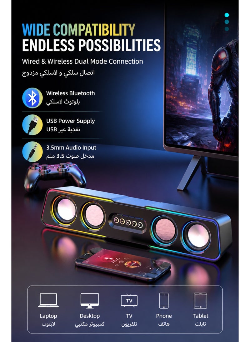 RGB Gaming Soundbar, Bluetooth 5.0 Computer Speakers with Dynamic Breathing Lights, 4-Unit Drivers for Deep Bass, Wired & Wireless Dual Mode, 360° Stereo Sound for PC, Laptop, TV, Phone, Gaming & Movies - Image 3