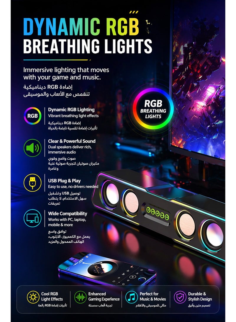 RGB Gaming Soundbar, Bluetooth 5.0 Computer Speakers with Dynamic Breathing Lights, 4-Unit Drivers for Deep Bass, Wired & Wireless Dual Mode, 360° Stereo Sound for PC, Laptop, TV, Phone, Gaming & Movies - Image 2