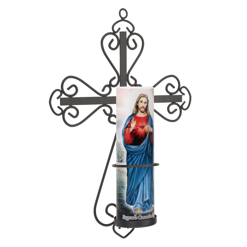 Stonebriar Decorative Scrolled Metal Cross Wall Sconce with Jesus LED Candle, Religious Gift Ideas for Friends and Family - Image 2