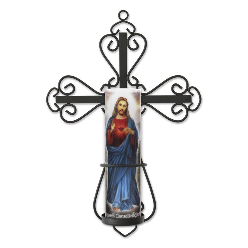 Stonebriar Decorative Scrolled Metal Cross Wall Sconce with Jesus LED Candle, Religious Gift Ideas for Friends and Family - Image 1