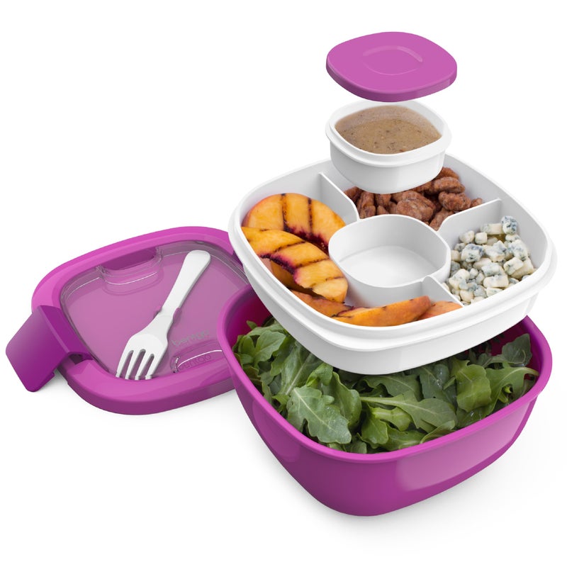 Bentgo Bentgo Salad Container  54 oz Bowl with 4Compartment Toppings Tray LeakProof Dressing Container Reusable Fork BPAFree Lunch Box for Meal Prep  Food Storage Removable Bento Tray Purple 