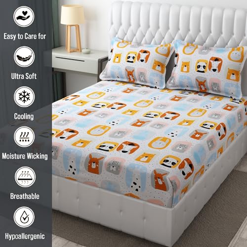 FRESH FROM LOOM Glace Cotton Wrinkle Free Soft Hypoallergenic Bed Sheet with 2 Pillow Cover,Cartoon Printed,Double Bed King Size Kids Bedsheet for Boys & Girls Room(90x95 Inches/Cream/Panda),144 TC - Image 4