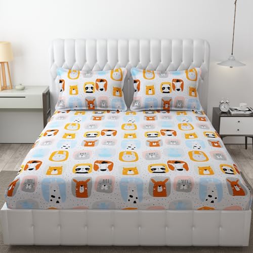FRESH FROM LOOM Glace Cotton Wrinkle Free Soft Hypoallergenic Bed Sheet with 2 Pillow Cover,Cartoon Printed,Double Bed King Size Kids Bedsheet for Boys & Girls Room(90x95 Inches/Cream/Panda),144 TC - Image 1