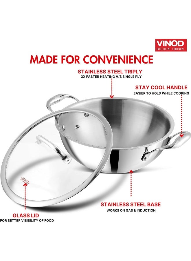 VINOD Platinum Triply Stainless Steel Extra Deep Kadai with Glass Lid - 4.8 L, 28 cm | 2.5mm  Base, Even Heating, Less Oil Healthy Cooking, Heavy Bottom Induction Cookware Kadhai for Cooking & Frying - Image 5