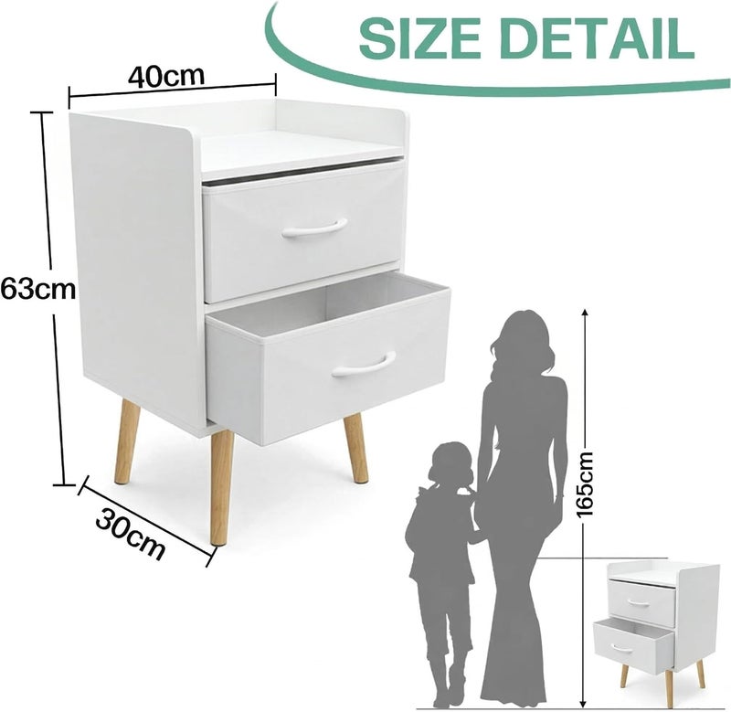 Bentifar Modern Nightstand with 2 Fabric Drawers, Mid Century Bedside Table with Open Storage Shelf, Wooden End Table for Bedroom, Living Room and Small Spaces (White, With 2 Fabric Drawers) - Image 3
