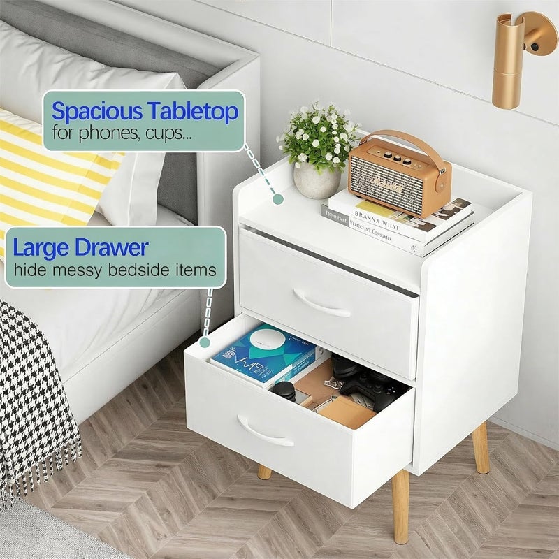 Bentifar Modern Nightstand with 2 Fabric Drawers, Mid Century Bedside Table with Open Storage Shelf, Wooden End Table for Bedroom, Living Room and Small Spaces (White, With 2 Fabric Drawers) - Image 5