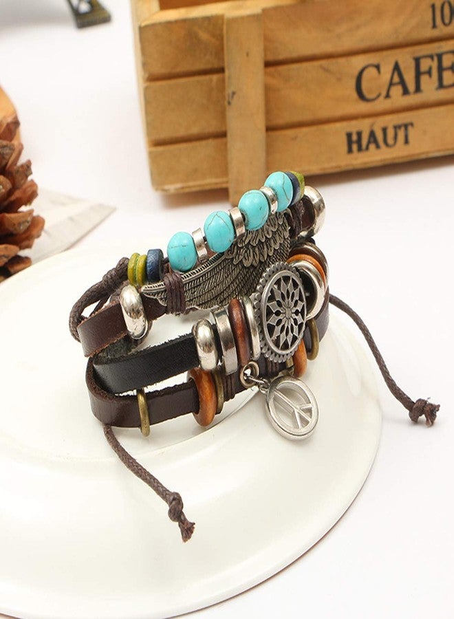 ZIVOM® Peace Beads Black Leather Charm Wrist Band Multi Strand Bracelet - Image 4