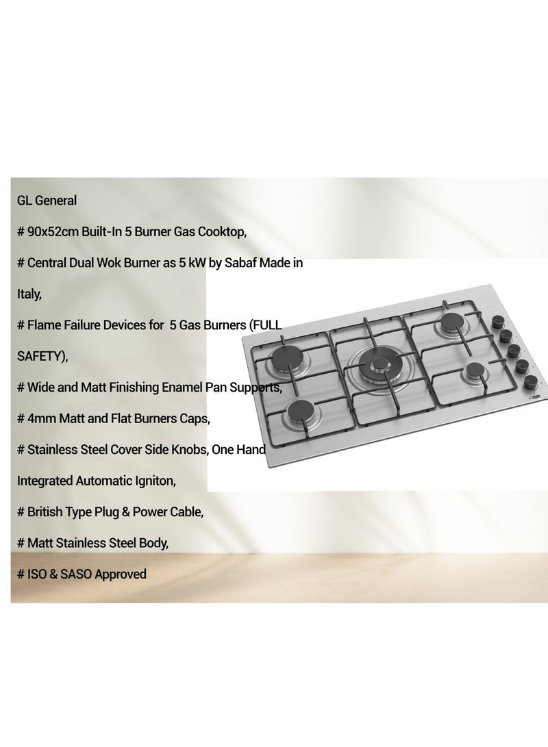 GL General General GL 5 Burners Side keys Built in Cooker, 90x52 cm, Wide Stand, heavy Duty, Easy to Clean, Auto Burn, total Safety - Image 3