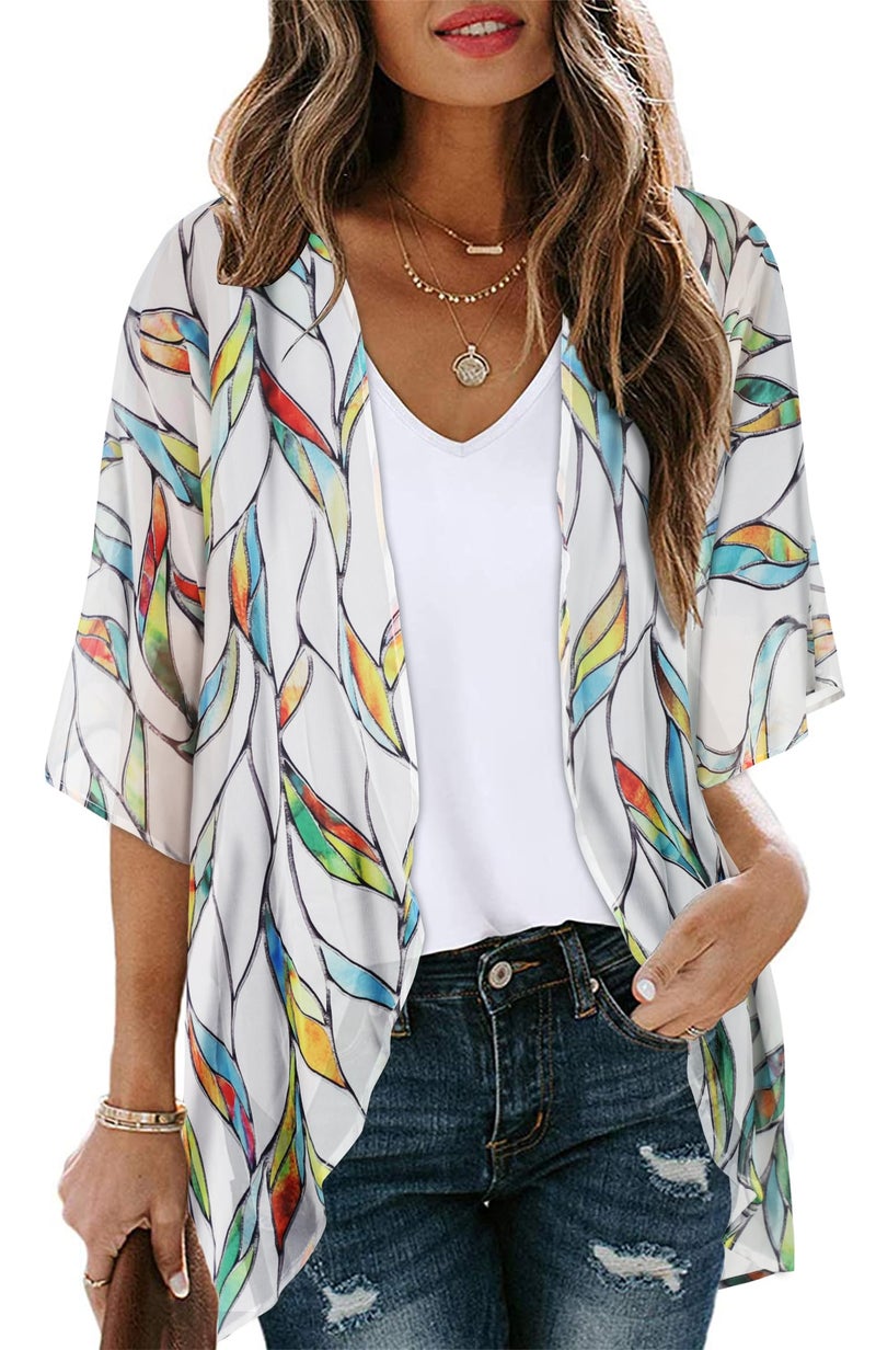 CHICGAL Womens Short Cardigans Casual Cover Up Open Front Kimono Tops Bathings Suit Shawl (White Colorful Leaves,M) - Image 1