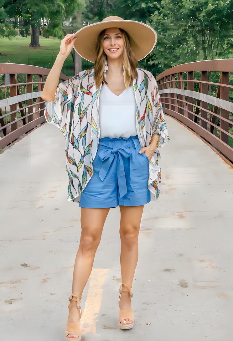 CHICGAL Womens Short Cardigans Casual Cover Up Open Front Kimono Tops Bathings Suit Shawl (White Colorful Leaves,M) - Image 2
