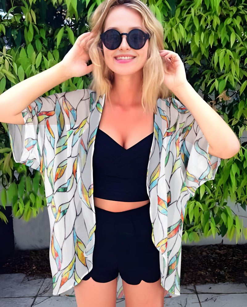 CHICGAL Womens Short Cardigans Casual Cover Up Open Front Kimono Tops Bathings Suit Shawl (White Colorful Leaves,M) - Image 3