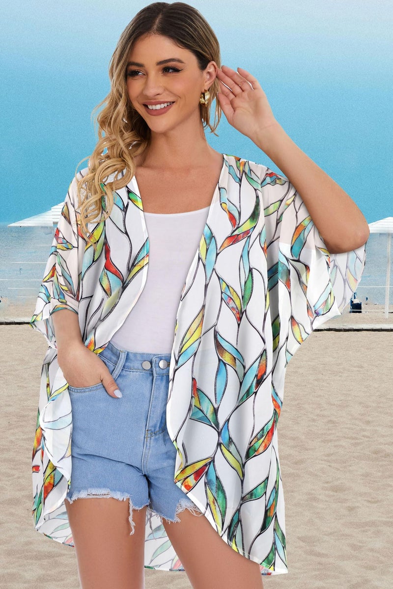 CHICGAL Womens Short Cardigans Casual Cover Up Open Front Kimono Tops Bathings Suit Shawl (White Colorful Leaves,M) - Image 5