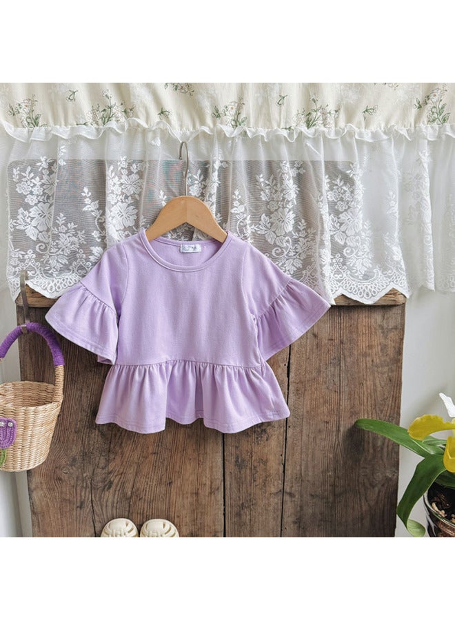 Girls' Short-sleeved Doll Shirt, Solid Color Summer Dress, Korean Style Baby Girl Cotton Bell Sleeves, Ruffled Mid-sleeve Korean Style Loose Top