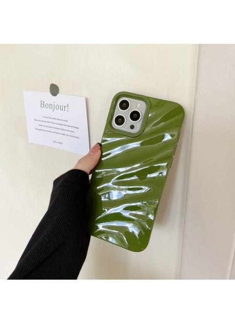 Three-dimensional Pleated Pattern For IPhone16pro Max Apple 15 Mobile Phone Case 14/13 Soft Case Niche High-end Feeling-Color:WT Pleated Glossy Green-Applicable Model:14pro Max (without Packaging)