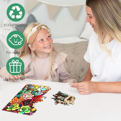 Mocfesk Wooden Puzzles for Adults Stained Glass Succulent Puzzles 200 Pieces Unique Shaped Jigsaw Puzzles for Adults and Kids Birthday Gifts Fun Challenge Family Game 112 x 112 - Image 5