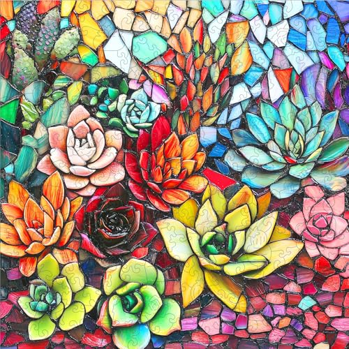 Mocfesk Wooden Puzzles for Adults Stained Glass Succulent Puzzles 200 Pieces Unique Shaped Jigsaw Puzzles for Adults and Kids Birthday Gifts Fun Challenge Family Game 112 x 112 - Image 1