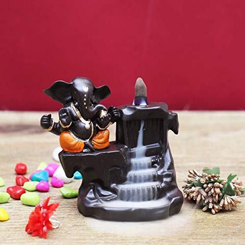 Craftam Polyresin Big Size Ganesha, Ganpati Deva Smoke Backflow Fountain Incense Holder with 10 Backflow Incense Cones (Big Size :10X8X12.5 cm, Orange) - Image 2
