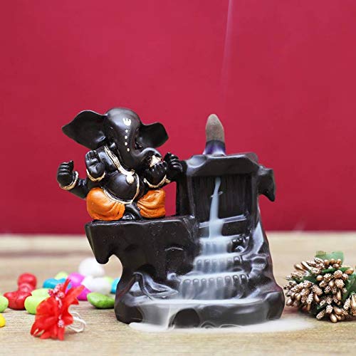 Craftam Polyresin Big Size Ganesha, Ganpati Deva Smoke Backflow Fountain Incense Holder with 10 Backflow Incense Cones (Big Size :10X8X12.5 cm, Orange) - Image 1